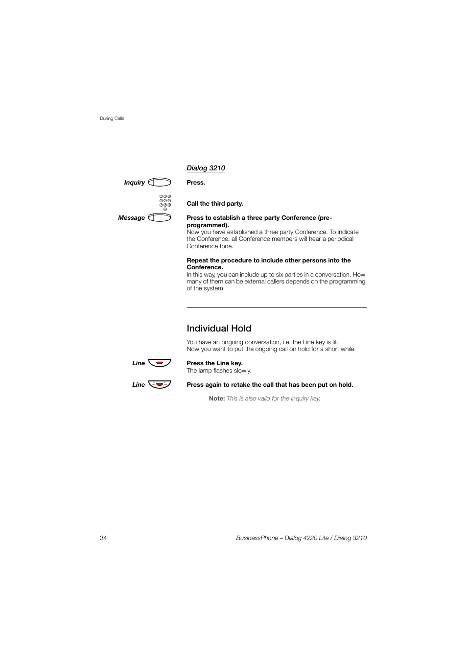 Dialog 3210, Individual hold | AASTRA 4220 Lite for BusinessPhone User Guide EN User Manual | Page 34 / 100