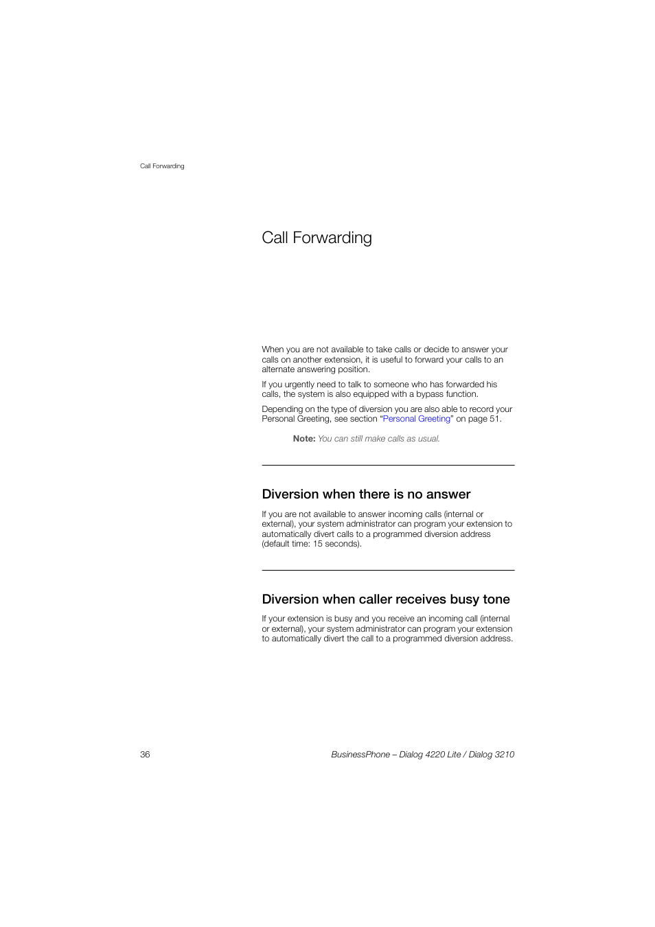 Call forwarding, Diversion when there is no answer, Diversion when caller receives busy tone | AASTRA 4220 Lite for BusinessPhone User Guide EN User Manual | Page 36 / 100
