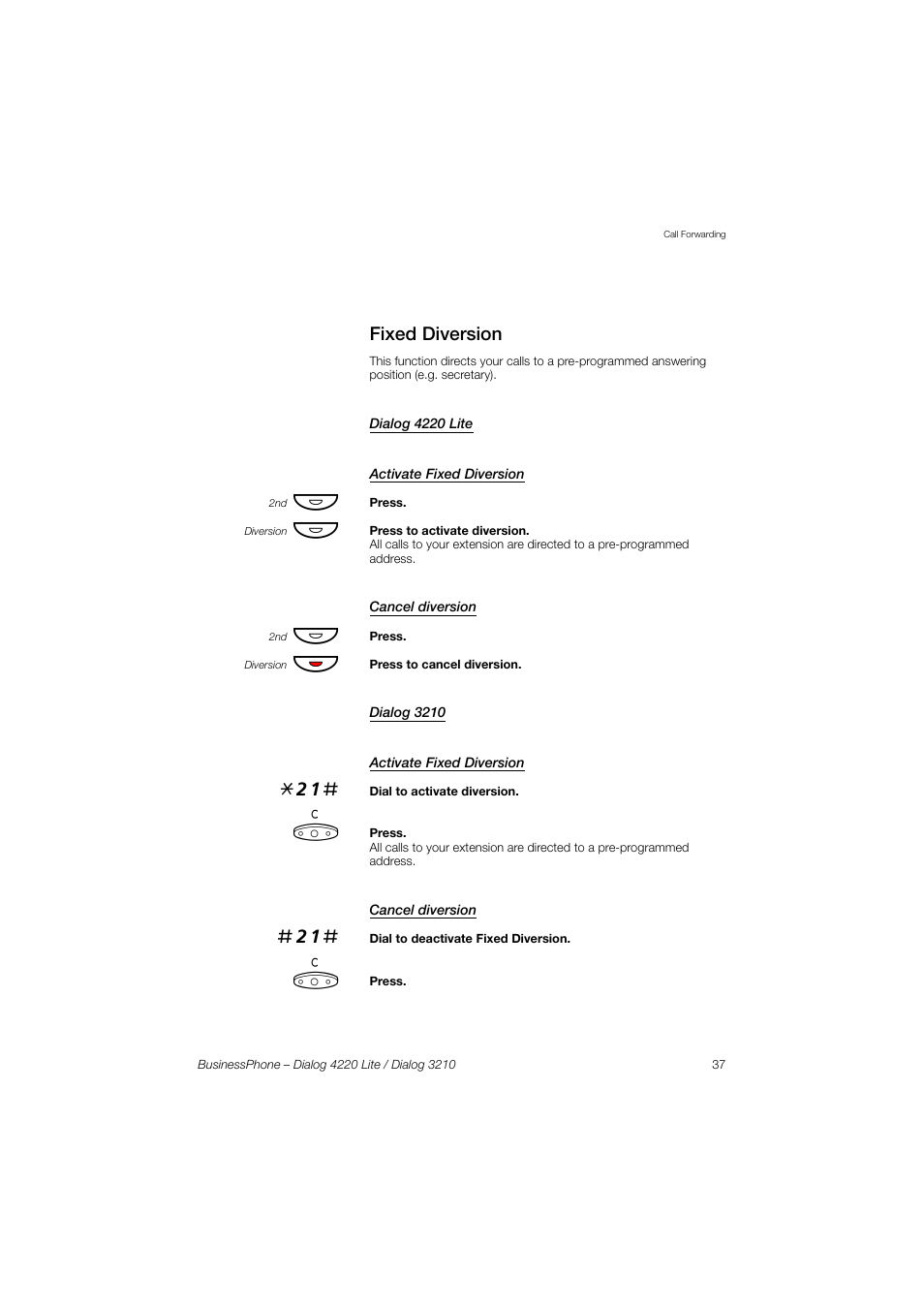 Fixed diversion, Dialog 4220 lite, Activate fixed diversion | Cancel diversion, Dialog 3210 | AASTRA 4220 Lite for BusinessPhone User Guide EN User Manual | Page 37 / 100