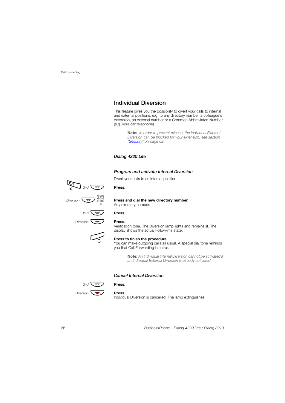 Individual diversion, Dialog 4220 lite, Program and activate internal diversion | Cancel internal diversion | AASTRA 4220 Lite for BusinessPhone User Guide EN User Manual | Page 38 / 100
