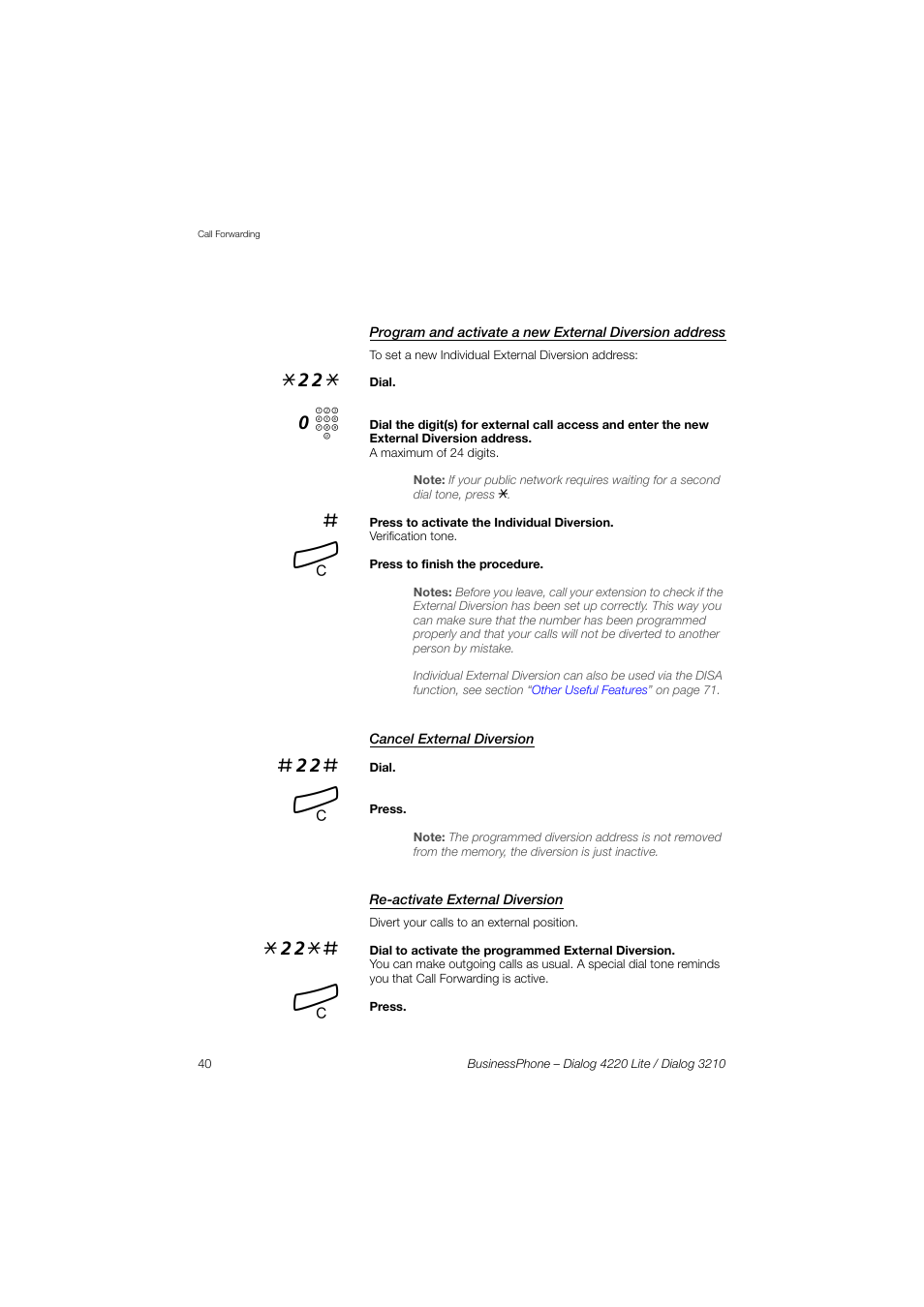 Cancel external diversion, Re-activate external diversion | AASTRA 4220 Lite for BusinessPhone User Guide EN User Manual | Page 40 / 100