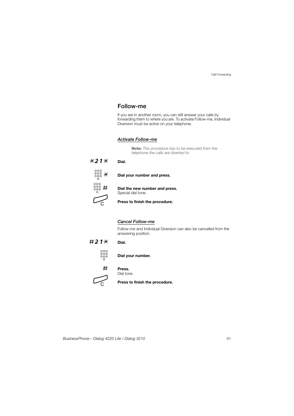 Follow-me, Activate follow-me, Cancel follow-me | AASTRA 4220 Lite for BusinessPhone User Guide EN User Manual | Page 41 / 100