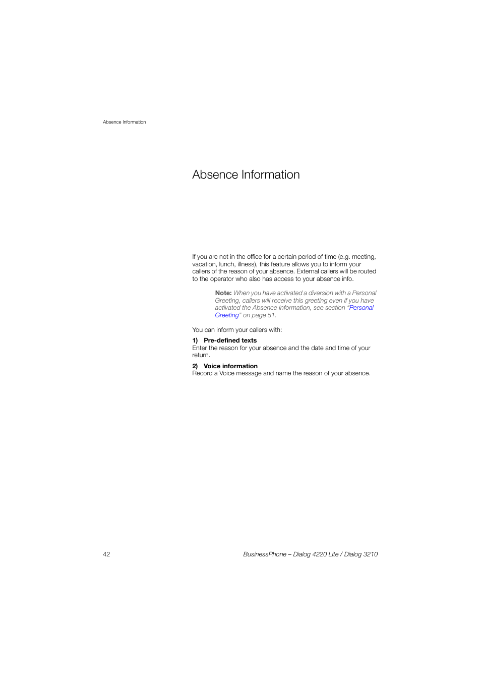 Absence information | AASTRA 4220 Lite for BusinessPhone User Guide EN User Manual | Page 42 / 100