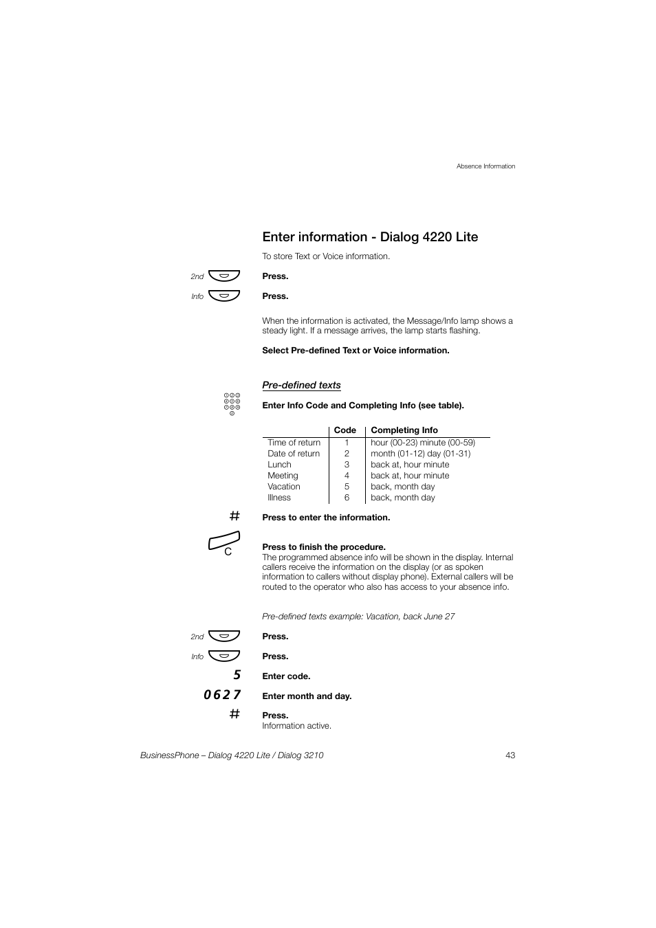 Enter information - dialog 4220 lite, Pre-defined texts | AASTRA 4220 Lite for BusinessPhone User Guide EN User Manual | Page 43 / 100