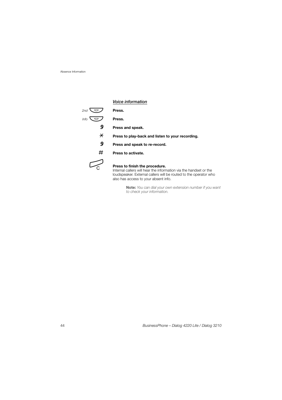Voice information | AASTRA 4220 Lite for BusinessPhone User Guide EN User Manual | Page 44 / 100