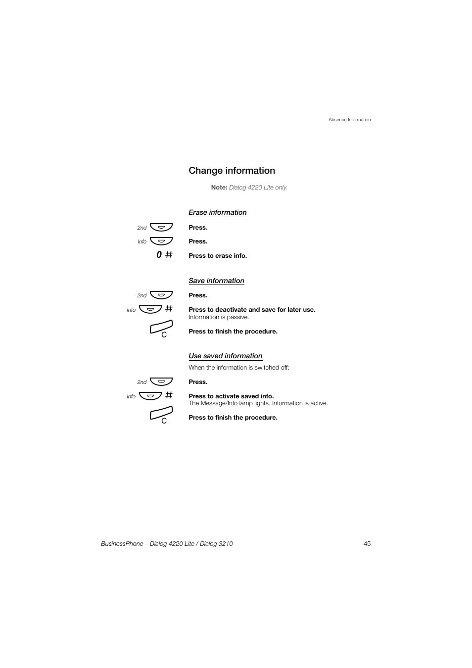 Change information, Erase information, Save information | Use saved information | AASTRA 4220 Lite for BusinessPhone User Guide EN User Manual | Page 45 / 100