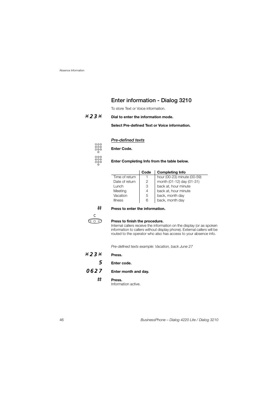 Enter information - dialog 3210, Pre-defined texts | AASTRA 4220 Lite for BusinessPhone User Guide EN User Manual | Page 46 / 100