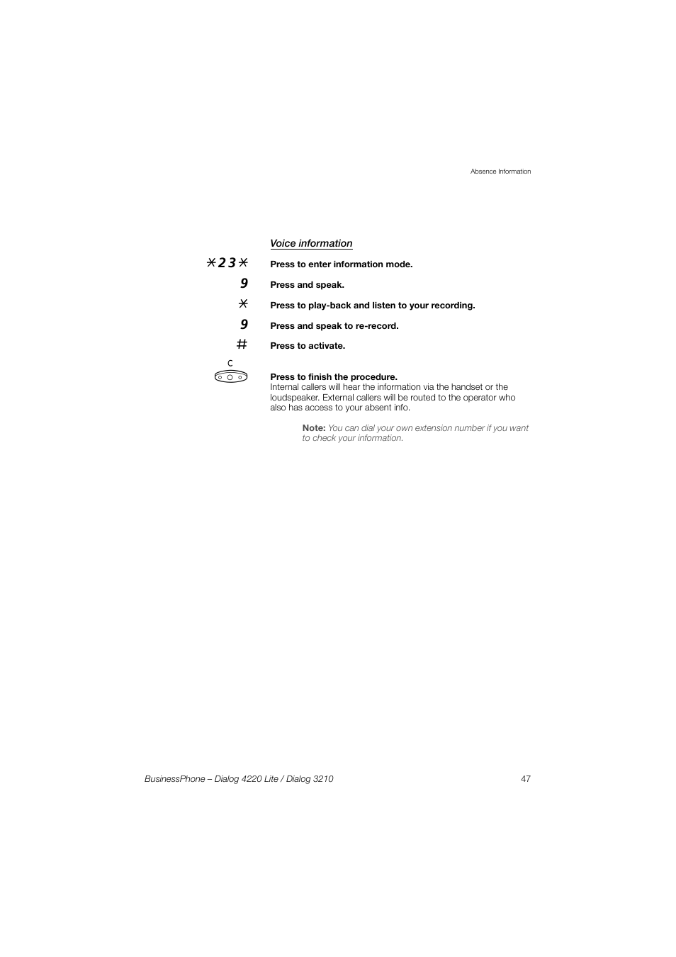 Voice information | AASTRA 4220 Lite for BusinessPhone User Guide EN User Manual | Page 47 / 100