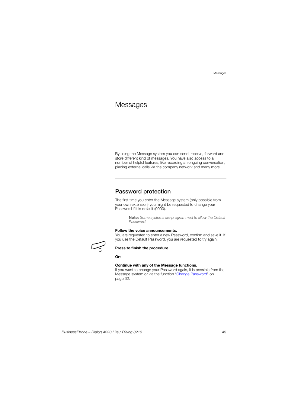 Messages, Password protection | AASTRA 4220 Lite for BusinessPhone User Guide EN User Manual | Page 49 / 100