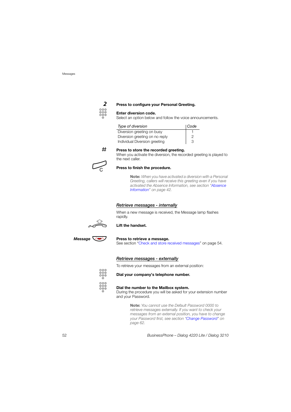 Retrieve messages - internally, Retrieve messages - externally | AASTRA 4220 Lite for BusinessPhone User Guide EN User Manual | Page 52 / 100