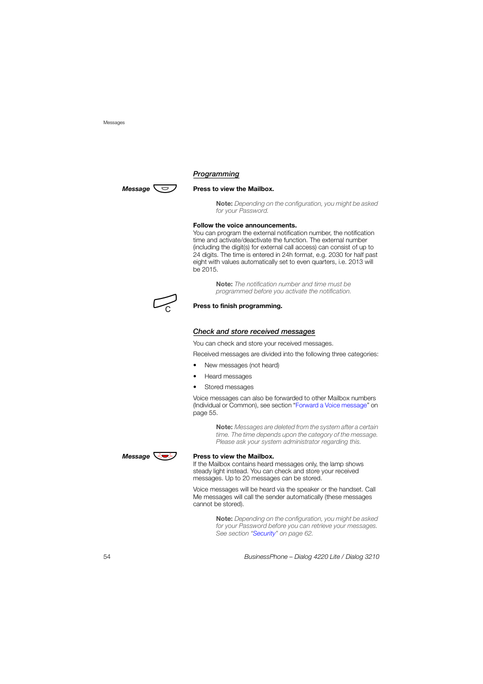 Programming, Check and store received messages | AASTRA 4220 Lite for BusinessPhone User Guide EN User Manual | Page 54 / 100