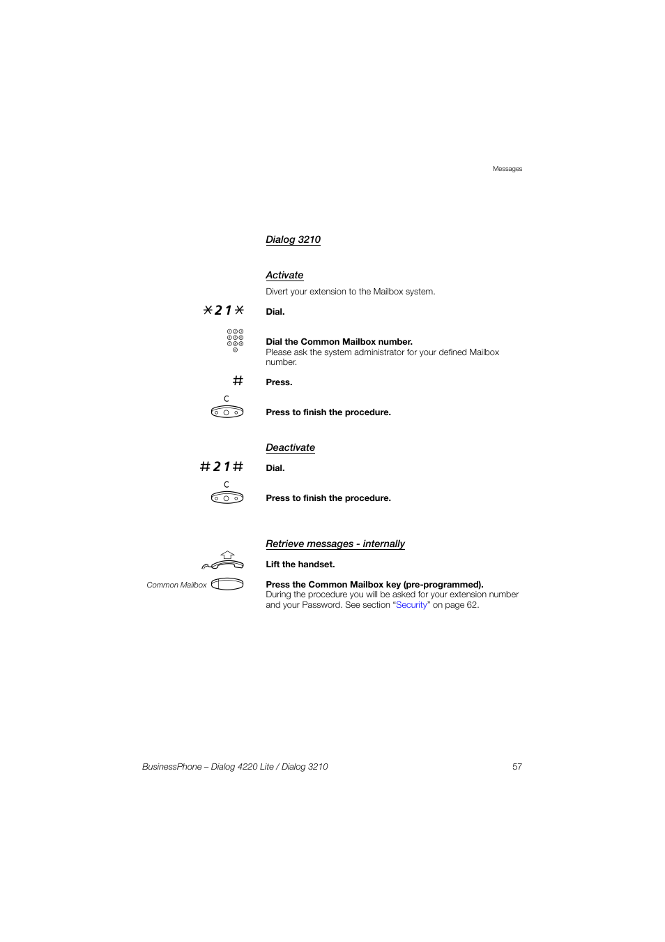 Dialog 3210, Activate, Deactivate | Retrieve messages - internally | AASTRA 4220 Lite for BusinessPhone User Guide EN User Manual | Page 57 / 100