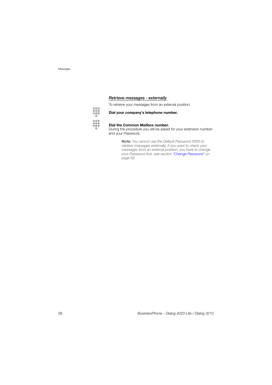 Retrieve messages - externally | AASTRA 4220 Lite for BusinessPhone User Guide EN User Manual | Page 58 / 100