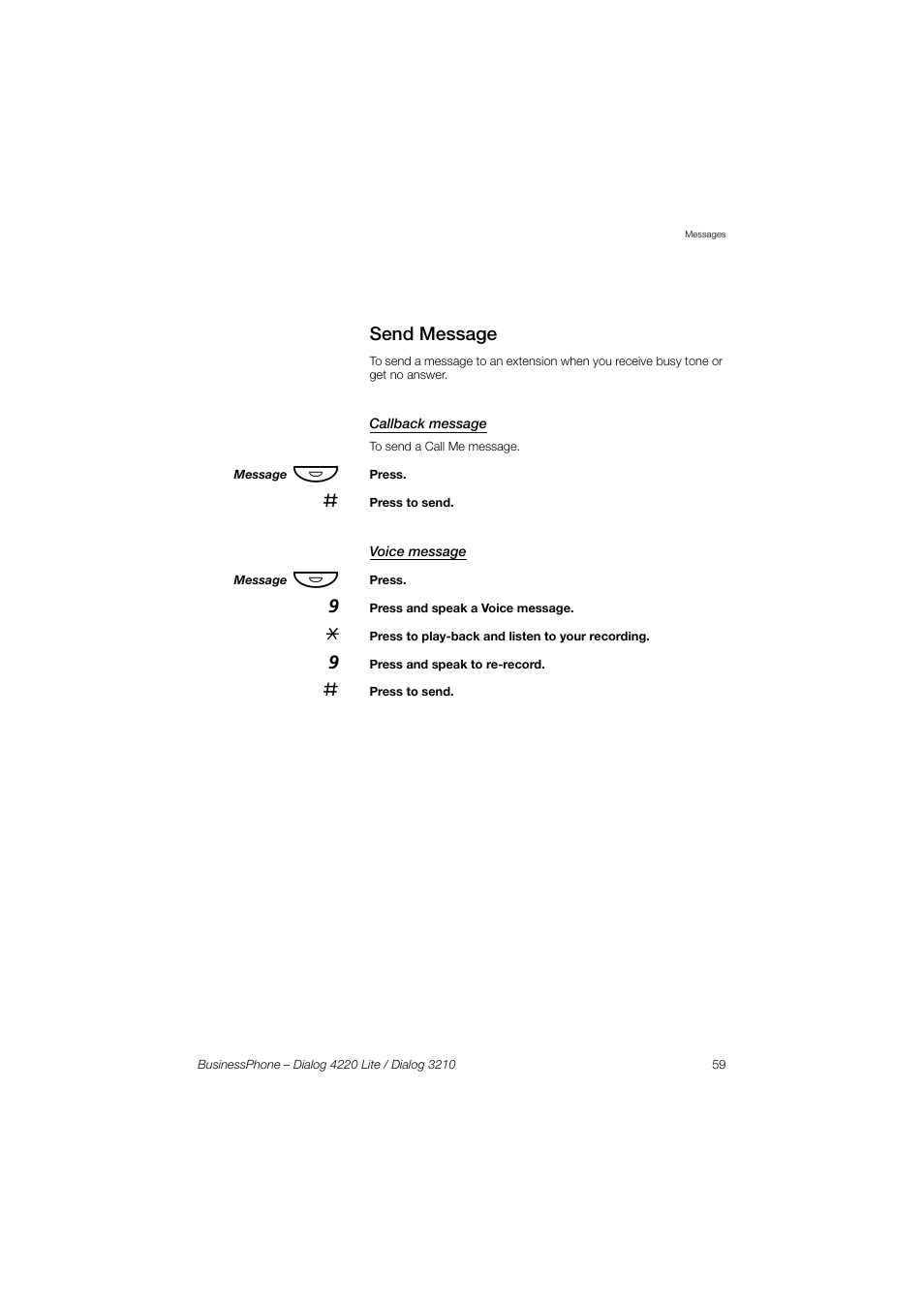 Send message, Callback message, Voice message | AASTRA 4220 Lite for BusinessPhone User Guide EN User Manual | Page 59 / 100