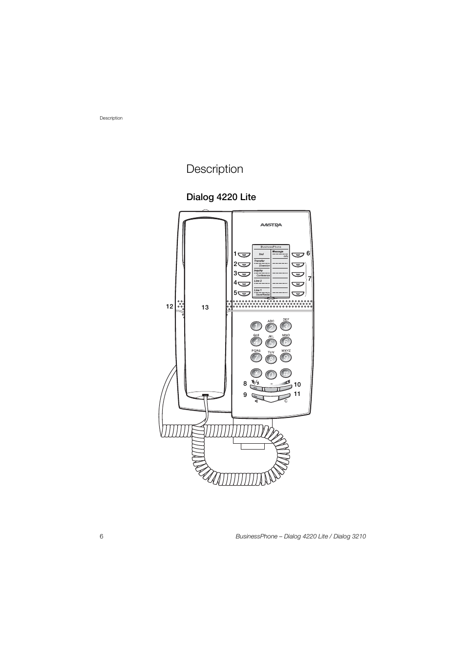 Description, Dialog 4220 lite | AASTRA 4220 Lite for BusinessPhone User Guide EN User Manual | Page 6 / 100