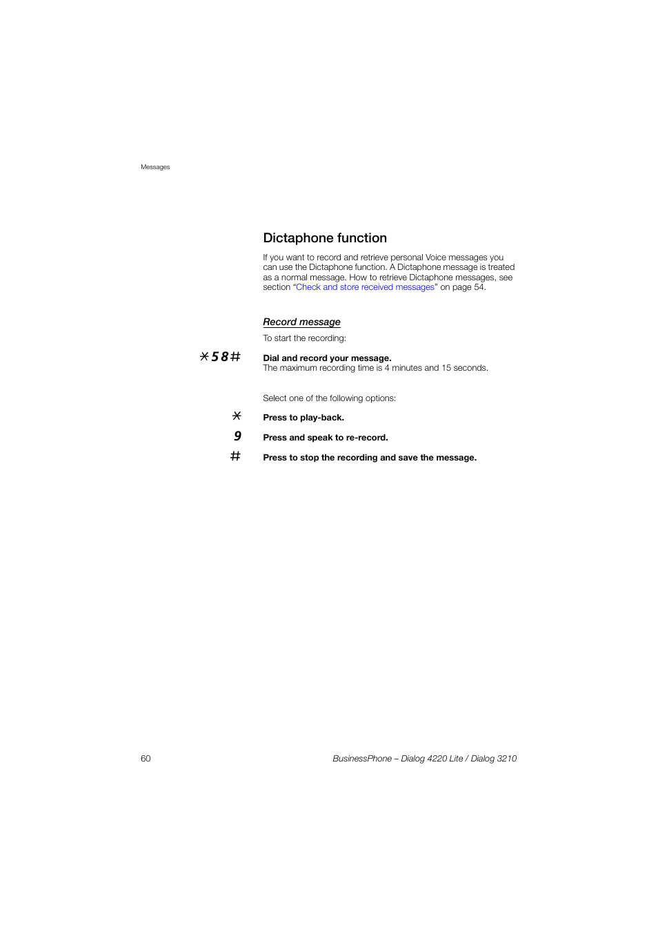 Dictaphone function, Record message | AASTRA 4220 Lite for BusinessPhone User Guide EN User Manual | Page 60 / 100