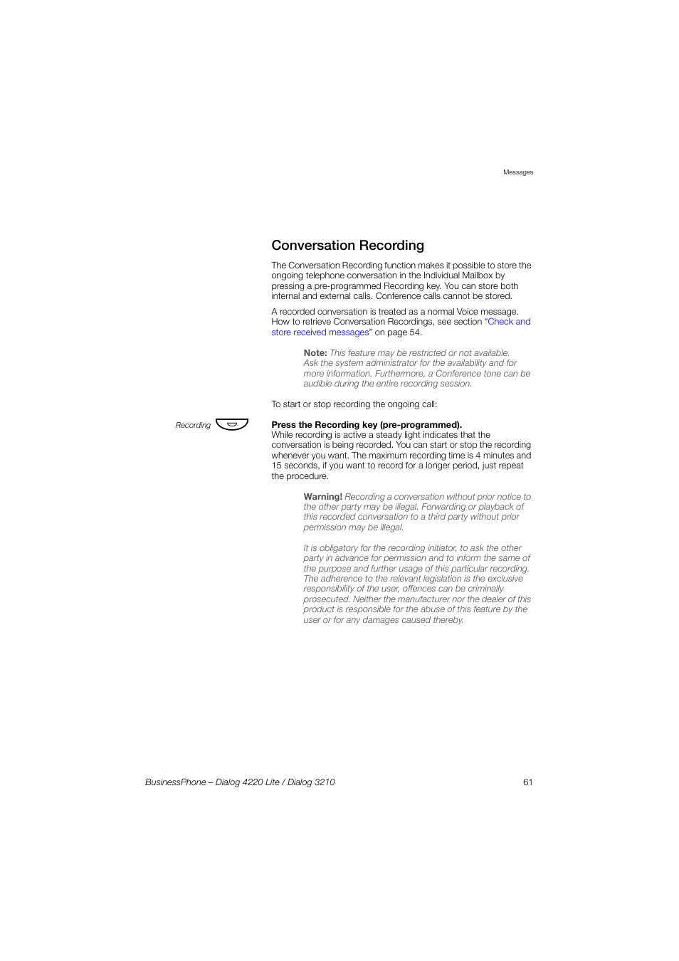 Conversation recording | AASTRA 4220 Lite for BusinessPhone User Guide EN User Manual | Page 61 / 100