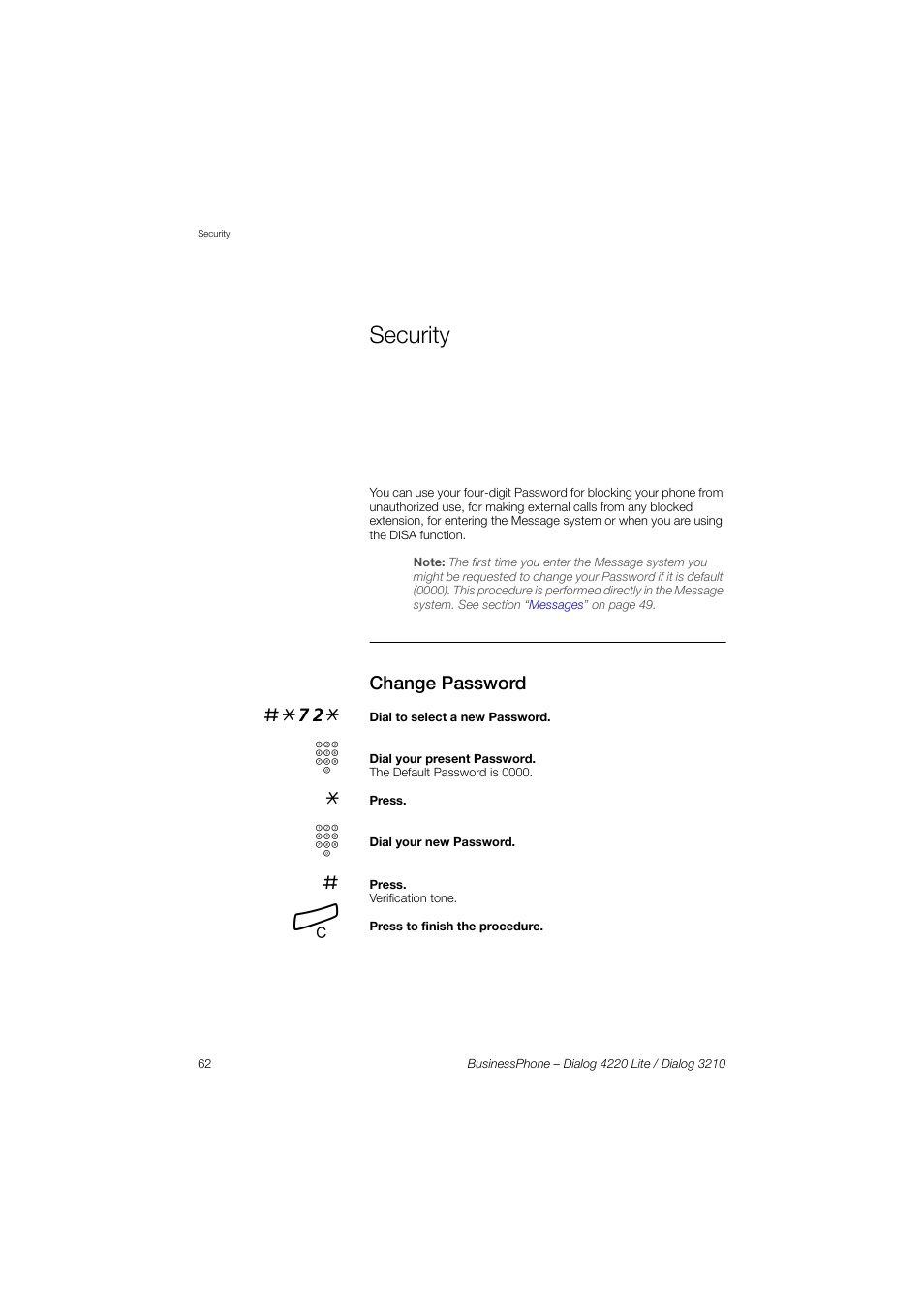 Security, Change password, Em or via the function | Section | AASTRA 4220 Lite for BusinessPhone User Guide EN User Manual | Page 62 / 100