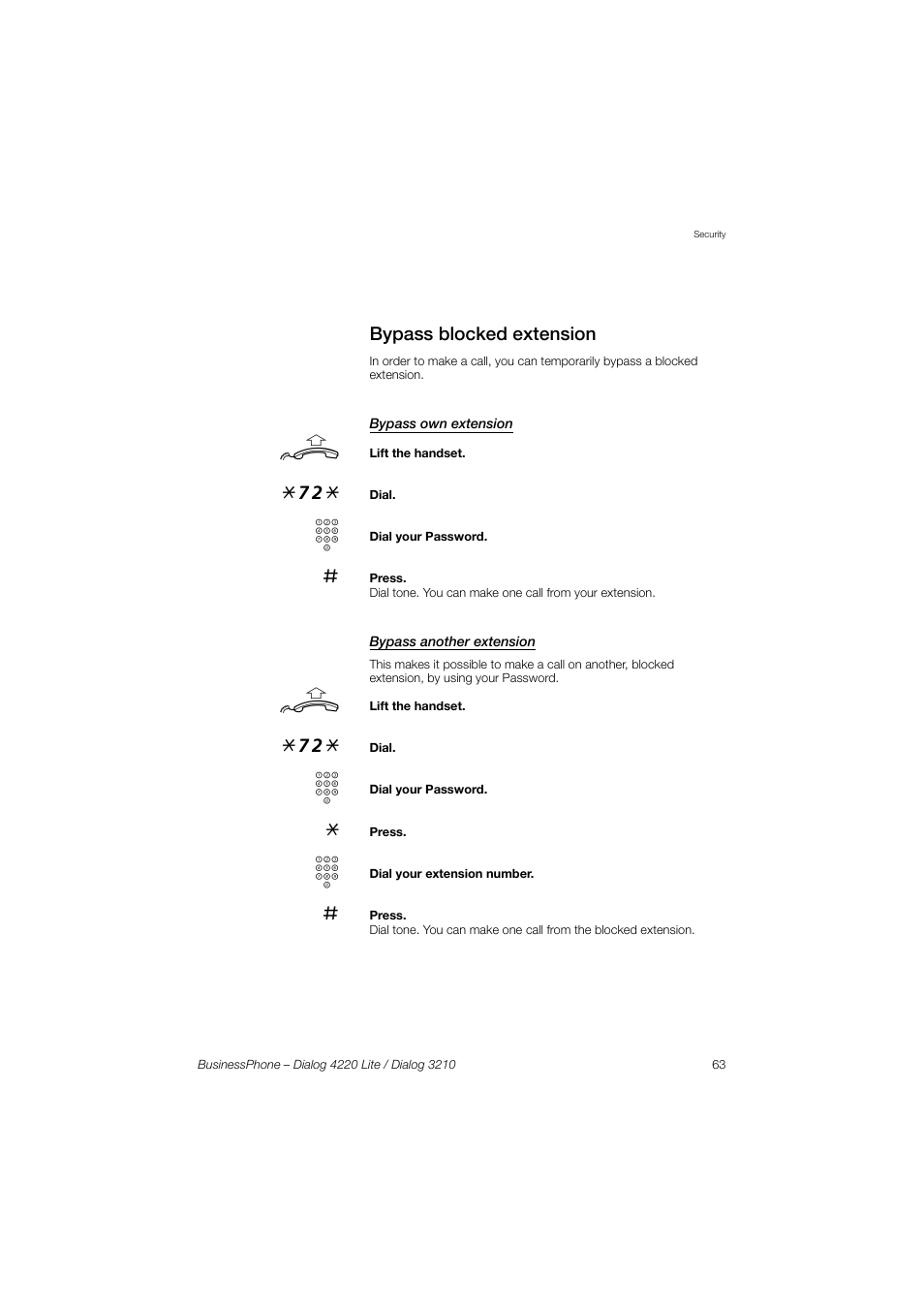 Bypass blocked extension, Bypass own extension, Bypass another extension | AASTRA 4220 Lite for BusinessPhone User Guide EN User Manual | Page 63 / 100