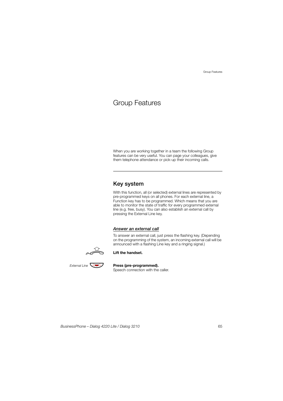 Group features, Key system, Answer an external call | AASTRA 4220 Lite for BusinessPhone User Guide EN User Manual | Page 65 / 100