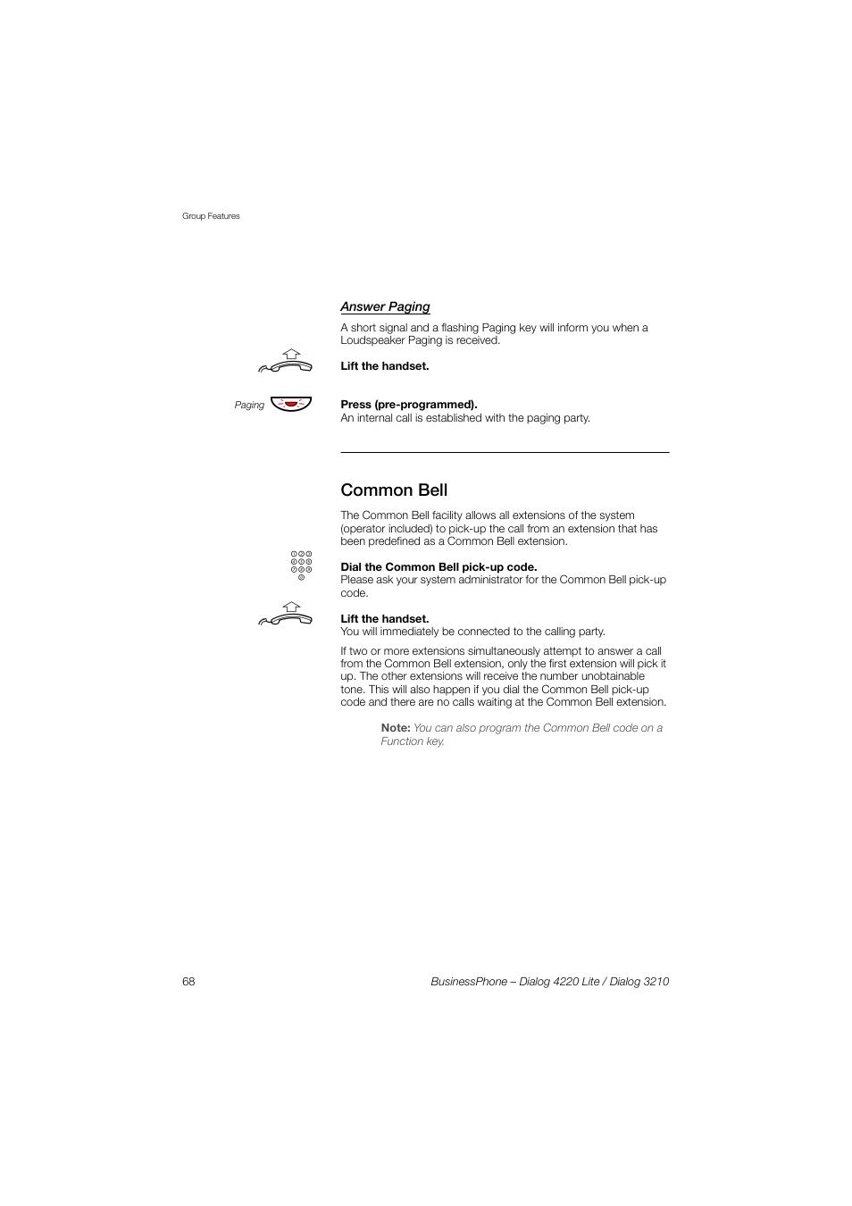 Answer paging, Common bell | AASTRA 4220 Lite for BusinessPhone User Guide EN User Manual | Page 68 / 100