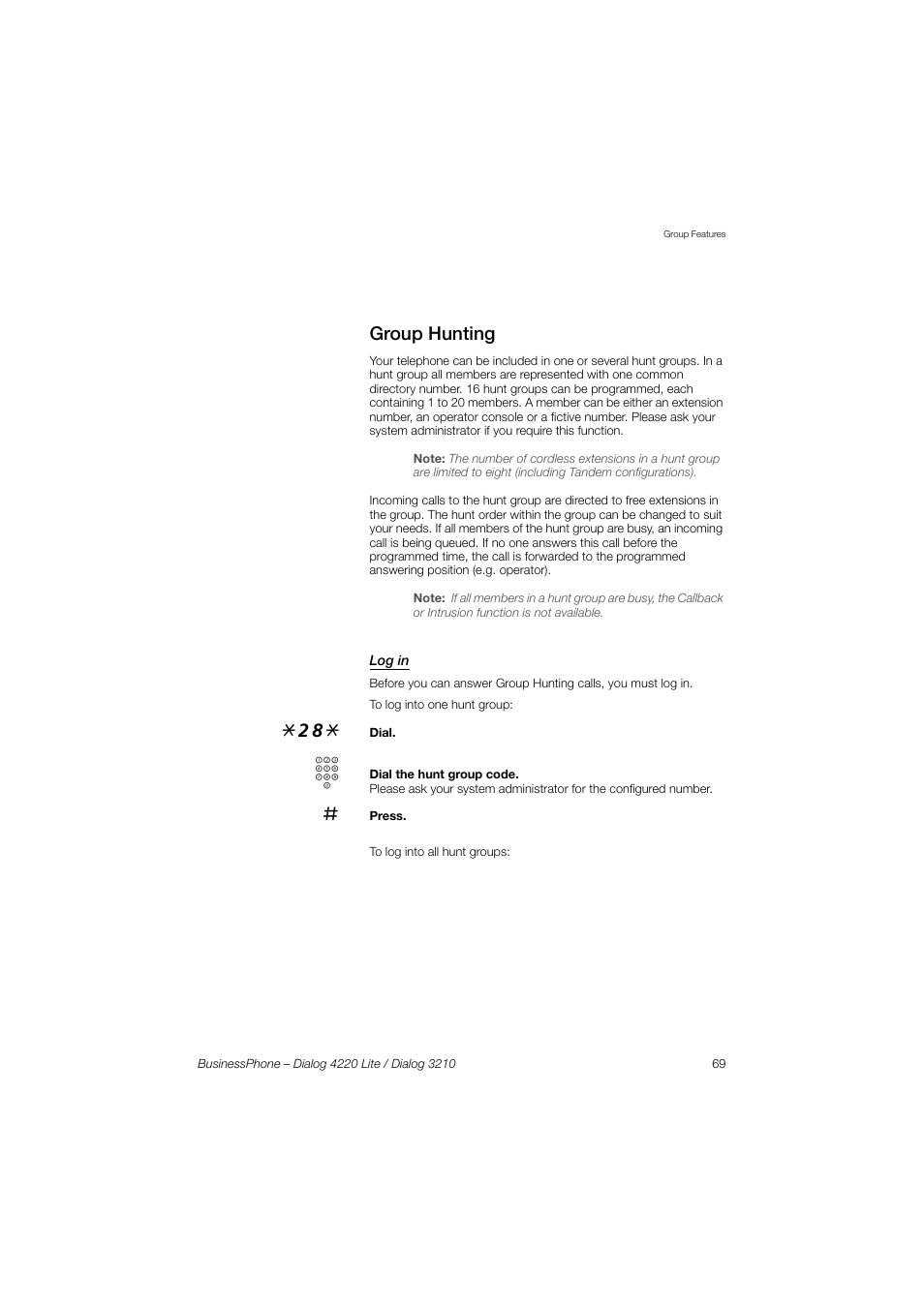 Group hunting, Log in | AASTRA 4220 Lite for BusinessPhone User Guide EN User Manual | Page 69 / 100