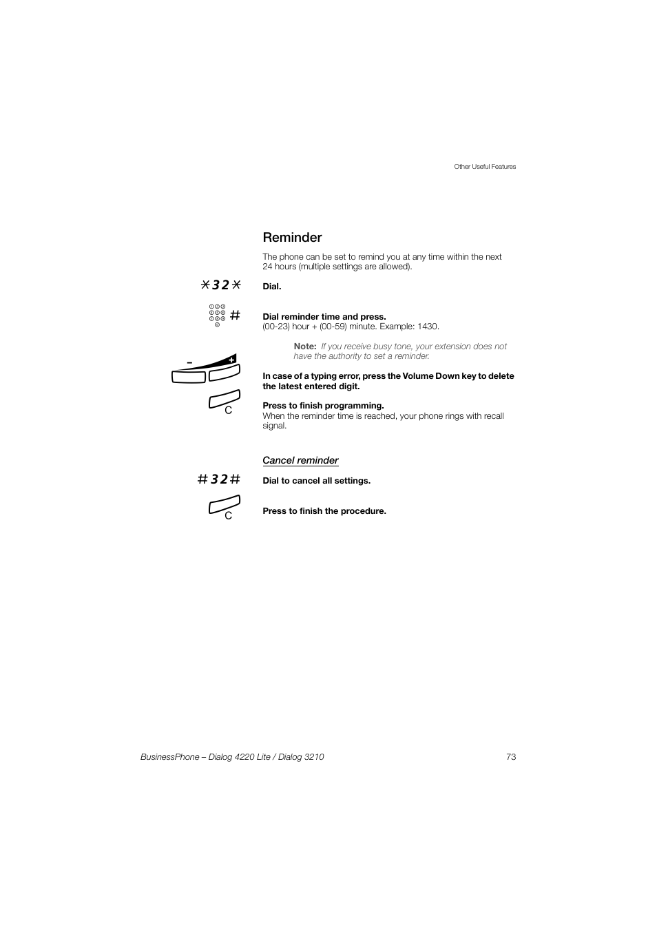 Reminder, Cancel reminder | AASTRA 4220 Lite for BusinessPhone User Guide EN User Manual | Page 73 / 100