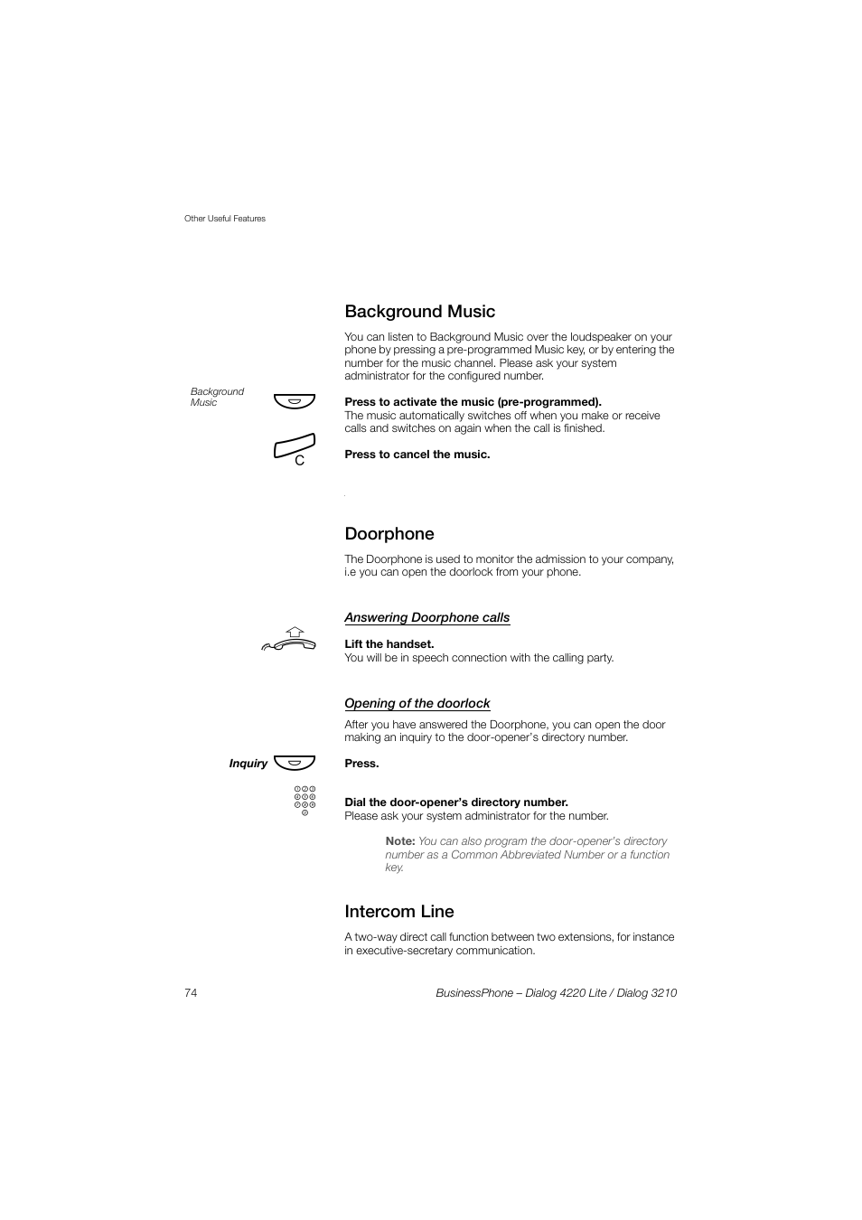 Background music, Doorphone, Answering doorphone calls | Opening of the doorlock, Intercom line | AASTRA 4220 Lite for BusinessPhone User Guide EN User Manual | Page 74 / 100