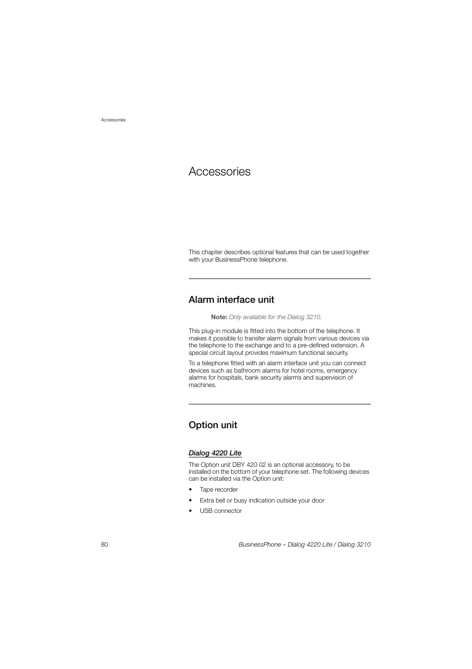 Accessories, Alarm interface unit, Option unit | Dialog 4220 lite, Section | AASTRA 4220 Lite for BusinessPhone User Guide EN User Manual | Page 80 / 100