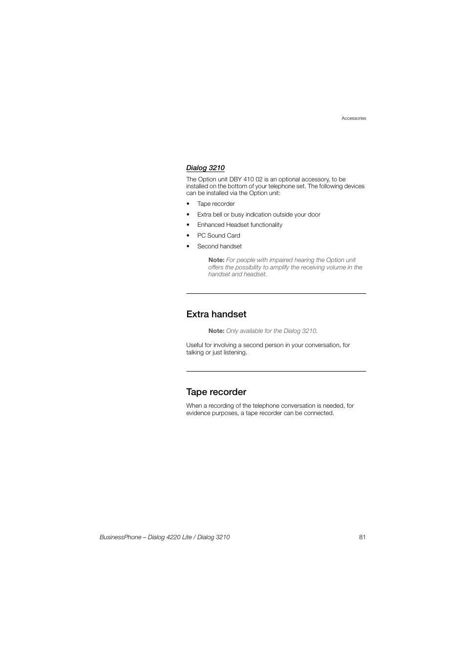 Dialog 3210, Extra handset, Tape recorder | AASTRA 4220 Lite for BusinessPhone User Guide EN User Manual | Page 81 / 100