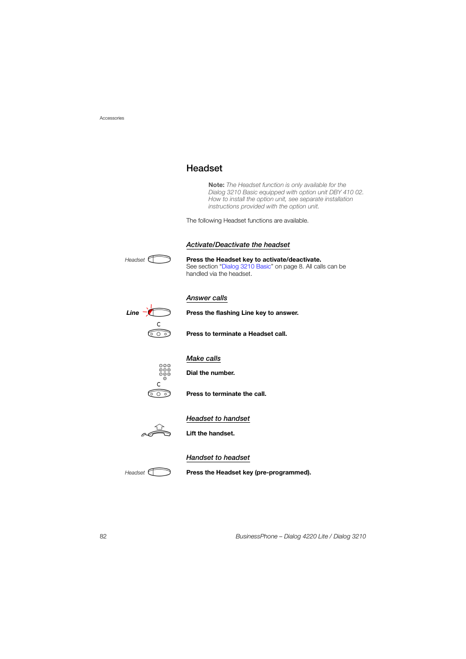 Headset, Activate/deactivate the headset, Answer calls | Make calls, Headset to handset, Handset to headset | AASTRA 4220 Lite for BusinessPhone User Guide EN User Manual | Page 82 / 100