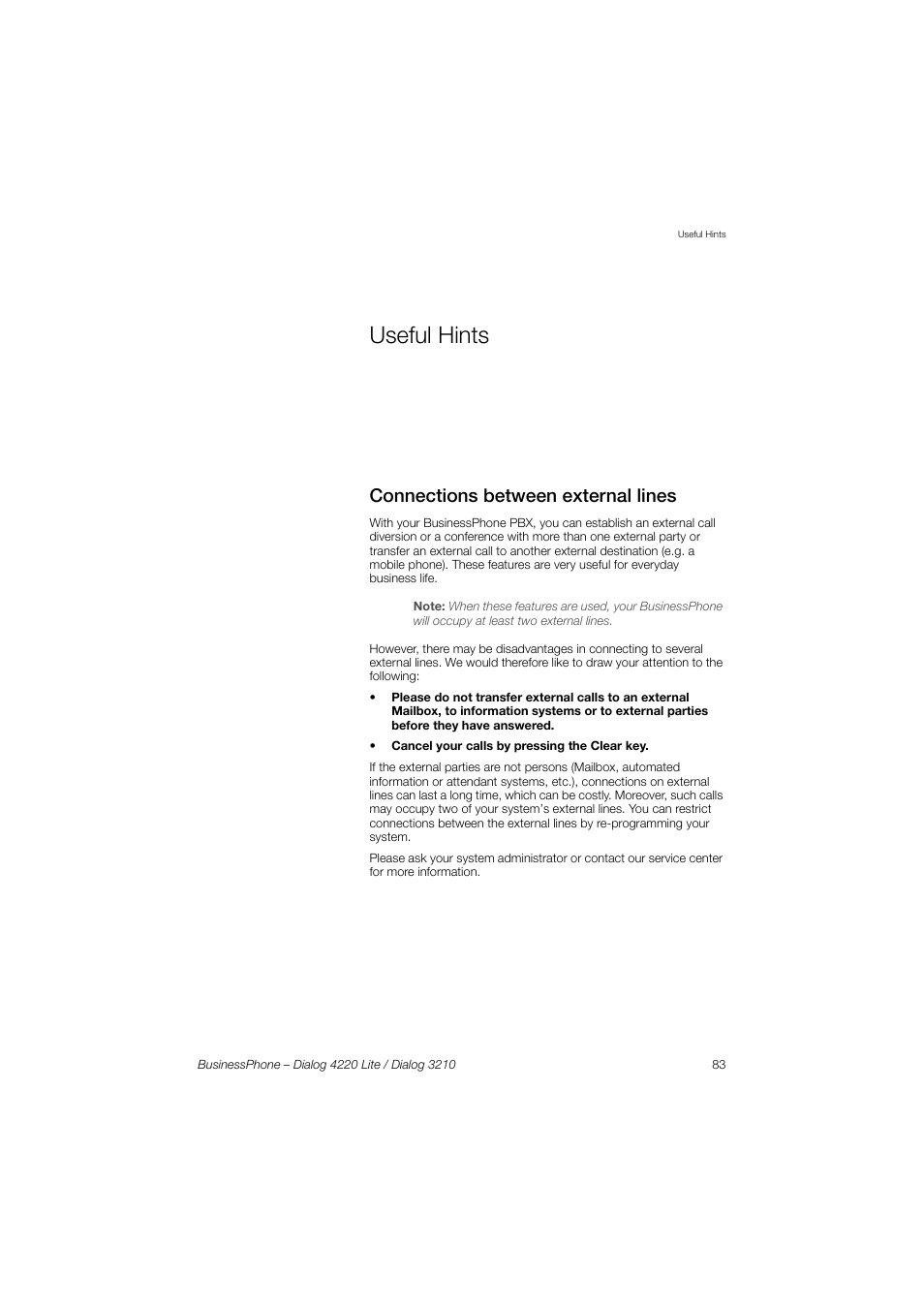 Useful hints, Connections between external lines, Rnings in section | Useful, Hints | AASTRA 4220 Lite for BusinessPhone User Guide EN User Manual | Page 83 / 100