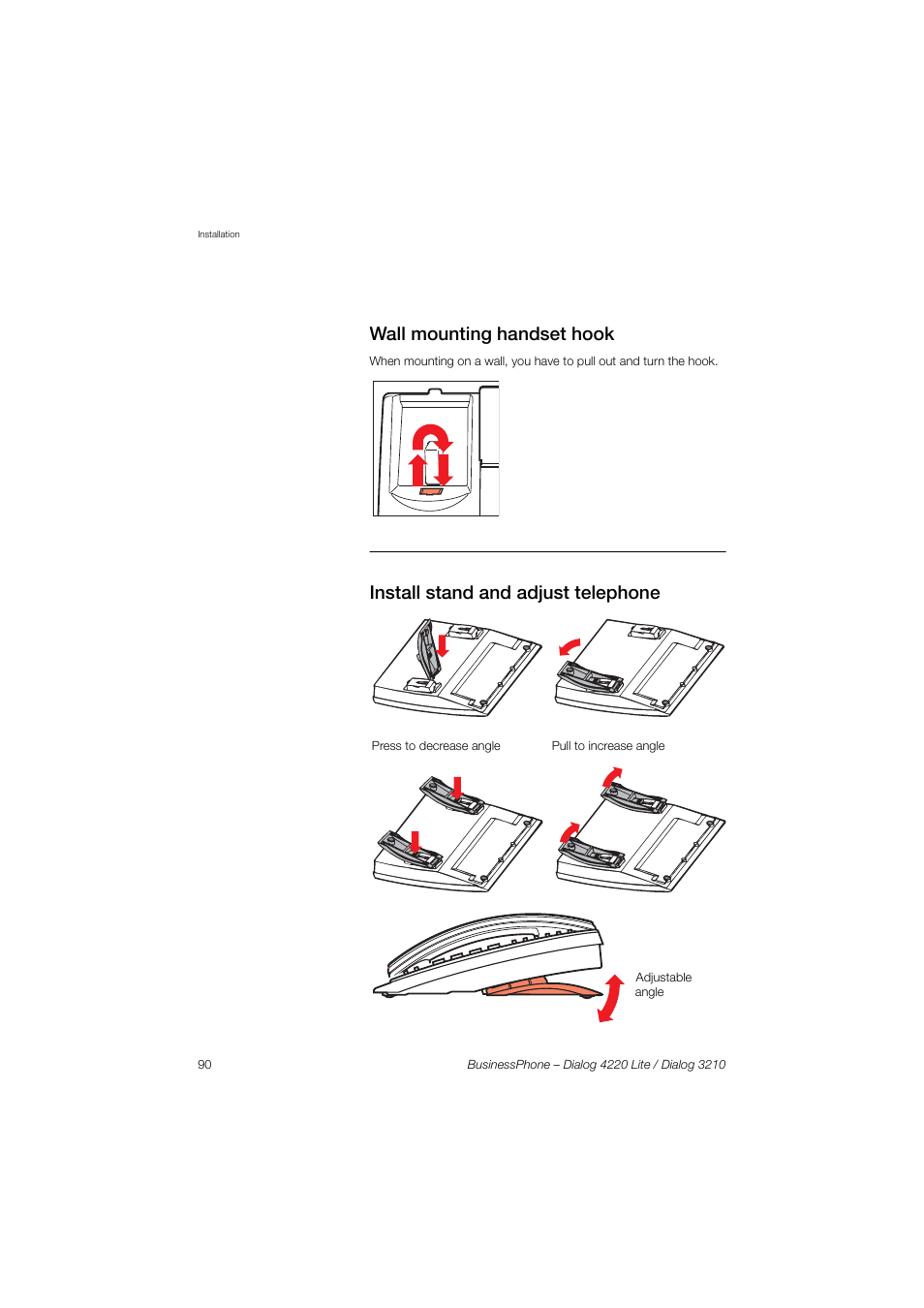 Wall mounting handset hook, Install stand and adjust telephone | AASTRA 4220 Lite for BusinessPhone User Guide EN User Manual | Page 90 / 100