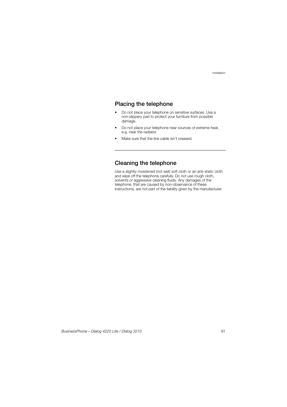 Placing the telephone, Cleaning the telephone | AASTRA 4220 Lite for BusinessPhone User Guide EN User Manual | Page 91 / 100