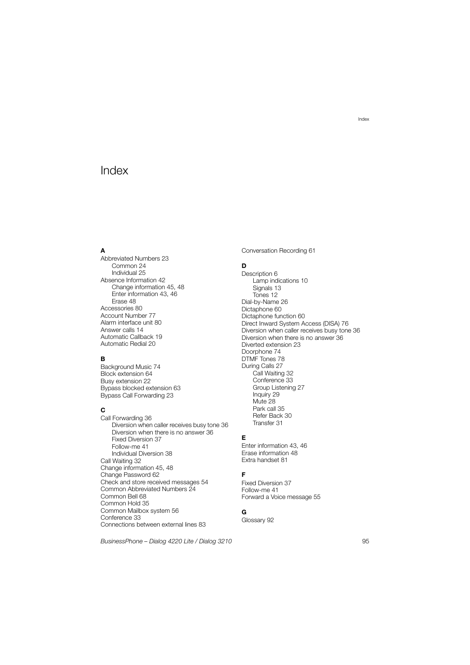 Index | AASTRA 4220 Lite for BusinessPhone User Guide EN User Manual | Page 95 / 100