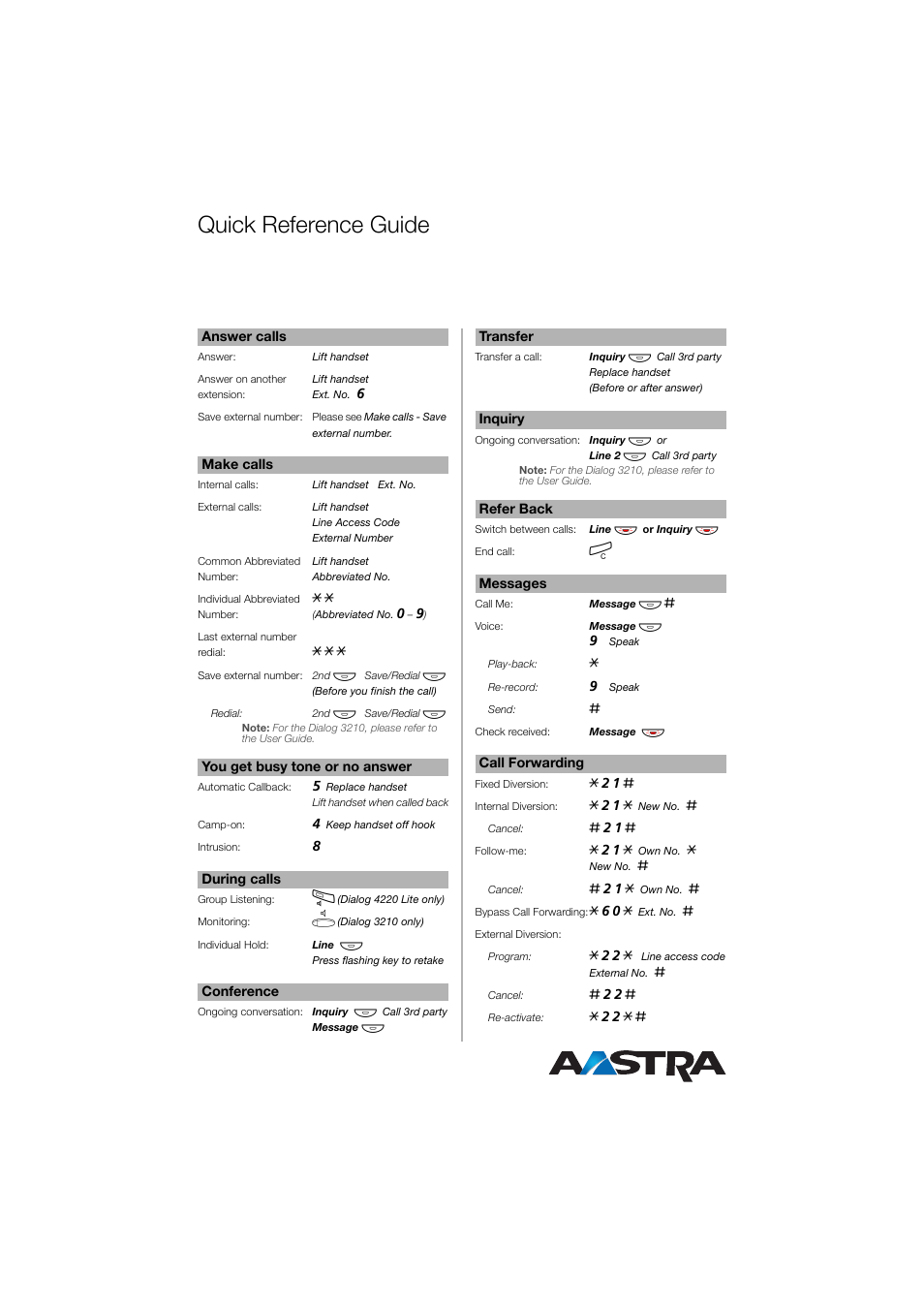 Quick reference guide | AASTRA 4220 Lite for BusinessPhone User Guide EN User Manual | Page 99 / 100