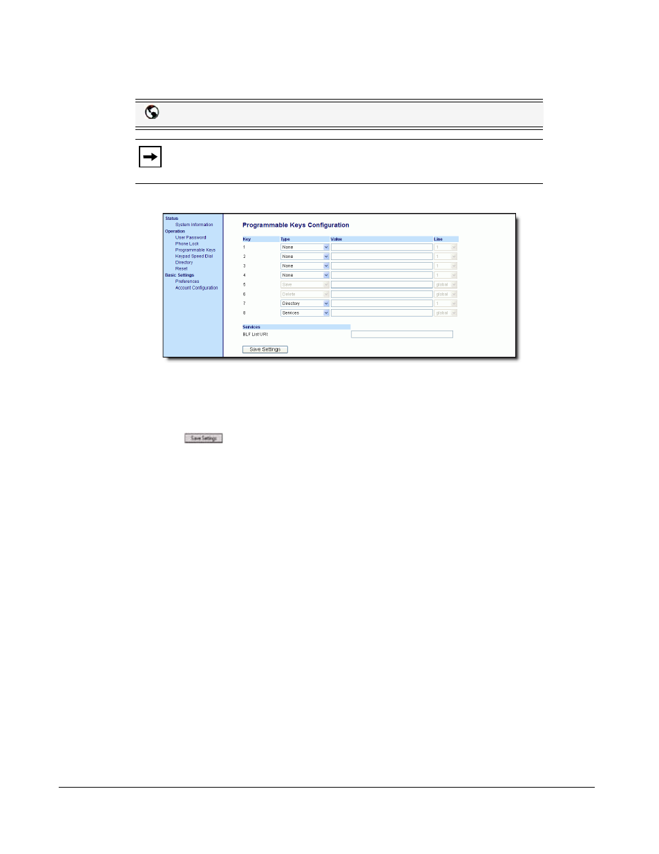 Configuring a services key, Line keys and programmable keys | AASTRA 6730i (Version 2.5 Text Keypad) User Guide EN User Manual | Page 102 / 214