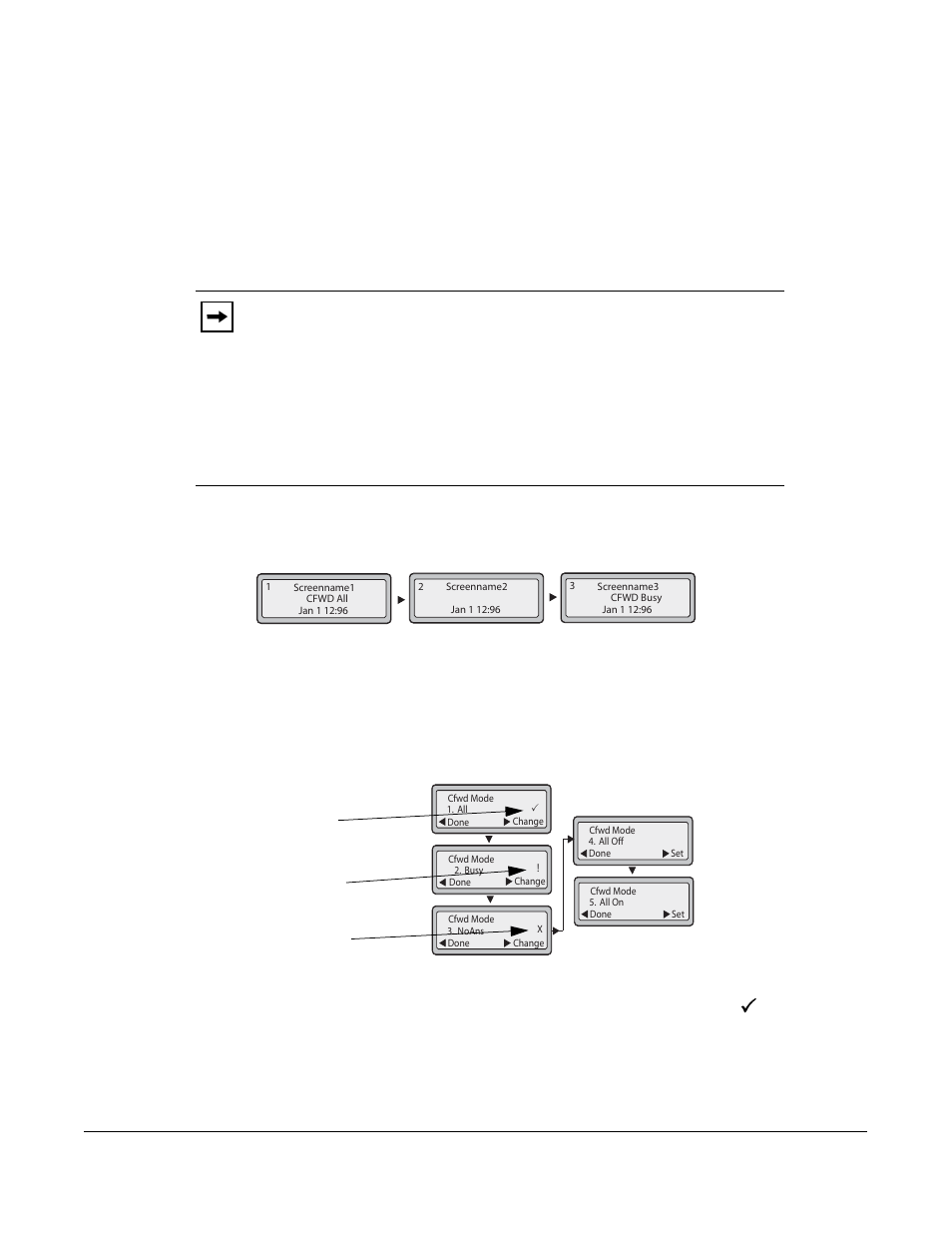 Using cfwd via the ip phone ui, Cfwd in account mode, Managing calls | Model 6730i ip phone user guide, And cfwd noans is disabled, as indicated by an x | AASTRA 6730i (Version 2.5 Text Keypad) User Guide EN User Manual | Page 149 / 214