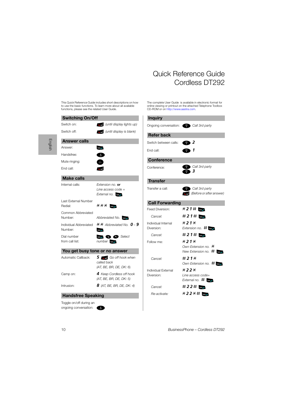 Quick reference guide cordlessdt292, Quick reference guide cordless dt292 | AASTRA DT292 for BusinessPhone Quick Reference Guide User Manual | Page 10 / 40