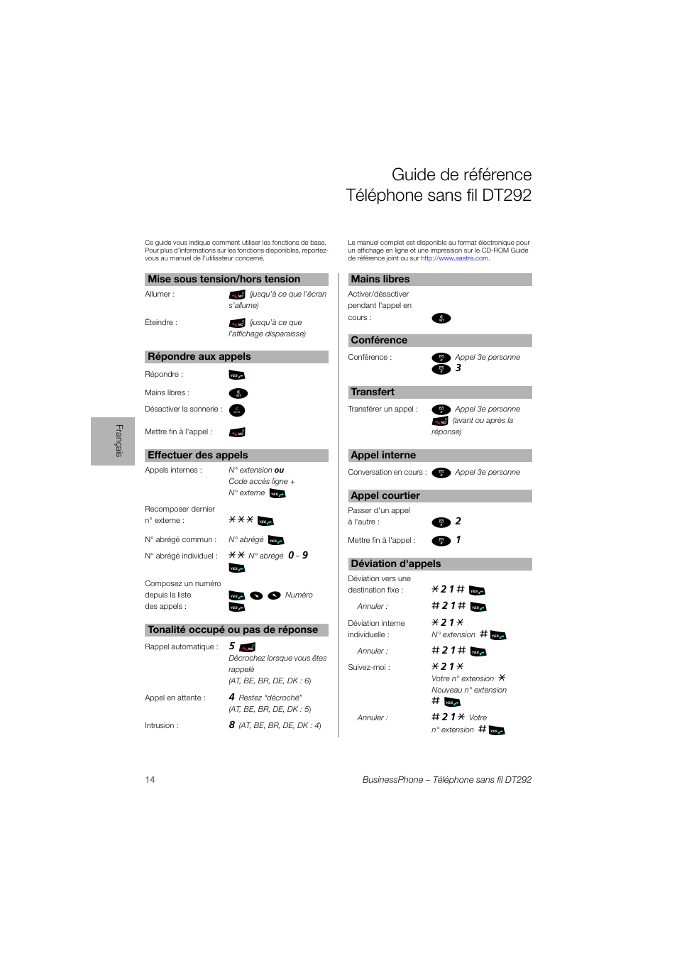 Guide de référence téléphone sans fildt292, Guide de référence téléphone sans fil dt292 | AASTRA DT292 for BusinessPhone Quick Reference Guide User Manual | Page 14 / 40