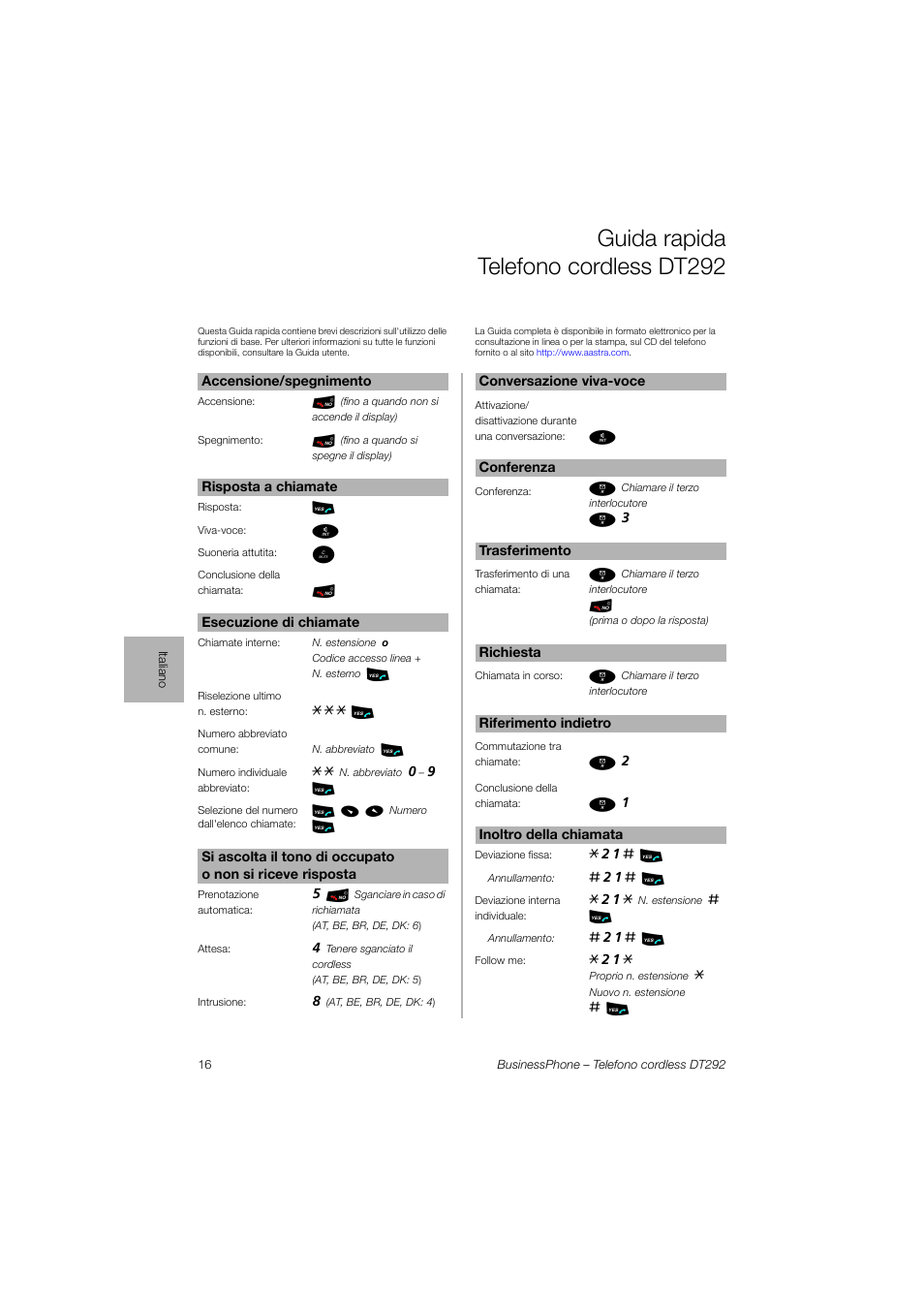 Guida rapida telefono cordlessdt292, Guida rapida telefono cordless dt292 | AASTRA DT292 for BusinessPhone Quick Reference Guide User Manual | Page 16 / 40