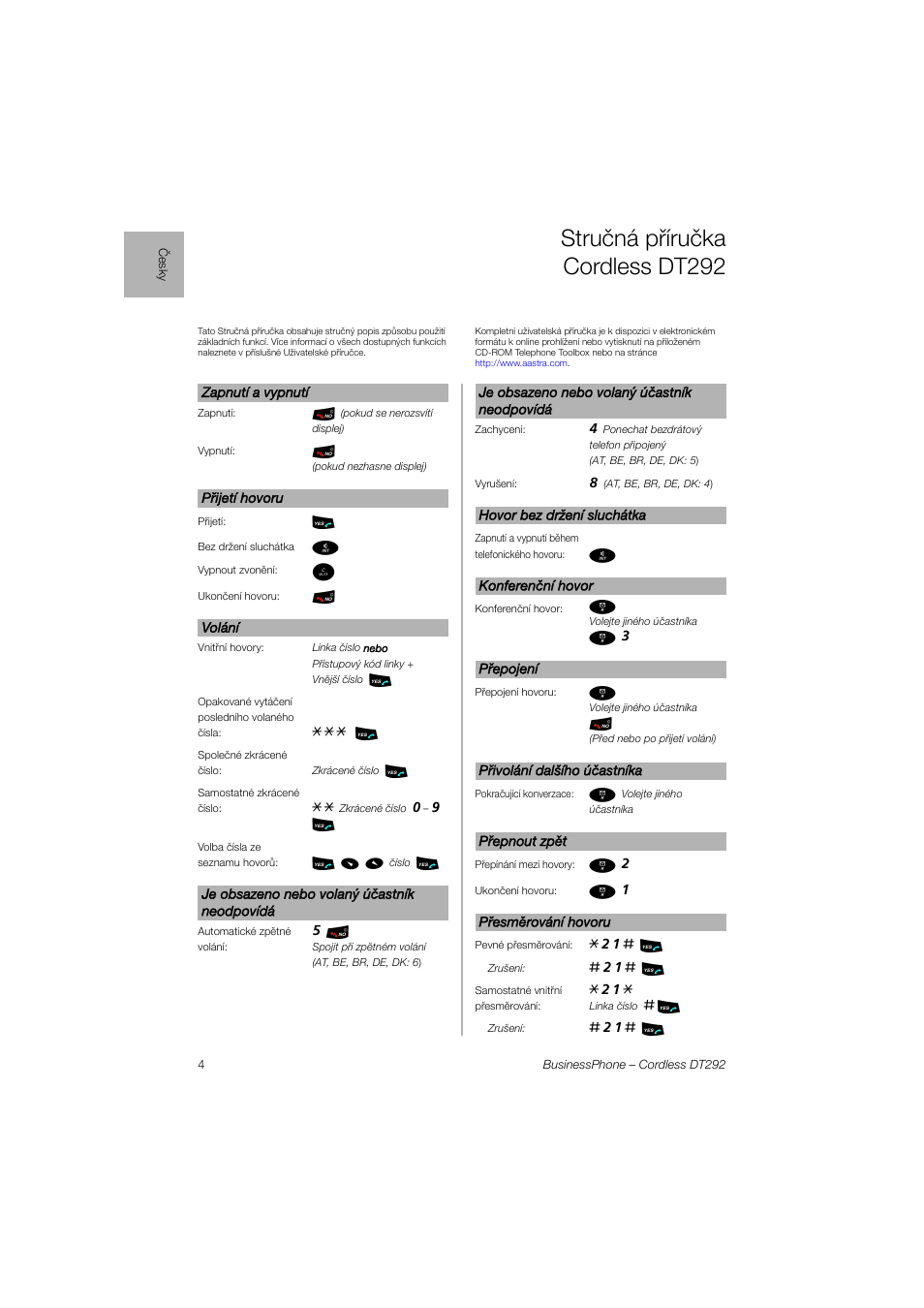 Struèná pøíruèka cordlessdt292, Stručná příručka cordless dt292 | AASTRA DT292 for BusinessPhone Quick Reference Guide User Manual | Page 4 / 40
