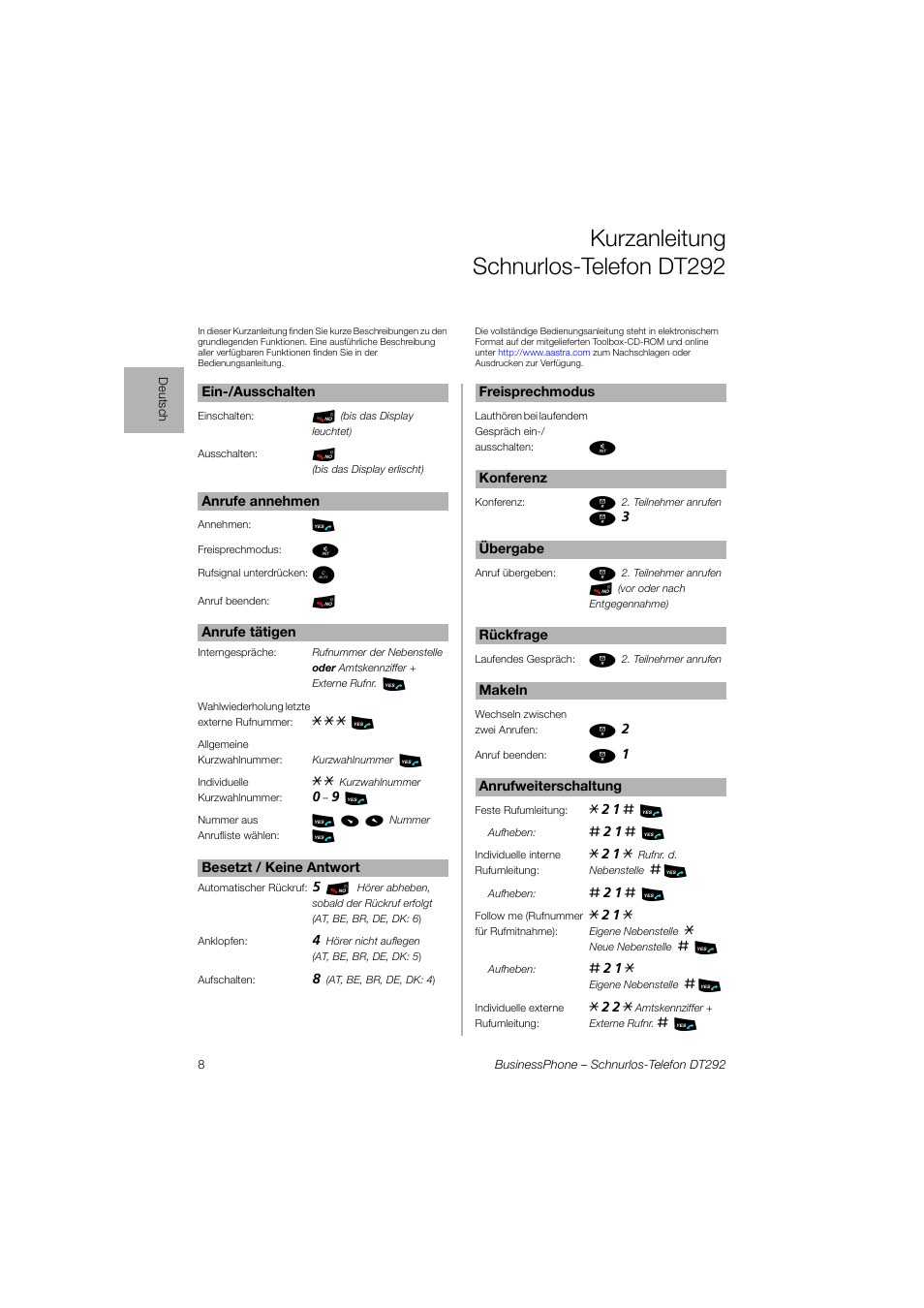 Kurzanleitung schnurlos-telefondt292, Kurzanleitung schnurlos-telefon dt292 | AASTRA DT292 for BusinessPhone Quick Reference Guide User Manual | Page 8 / 40