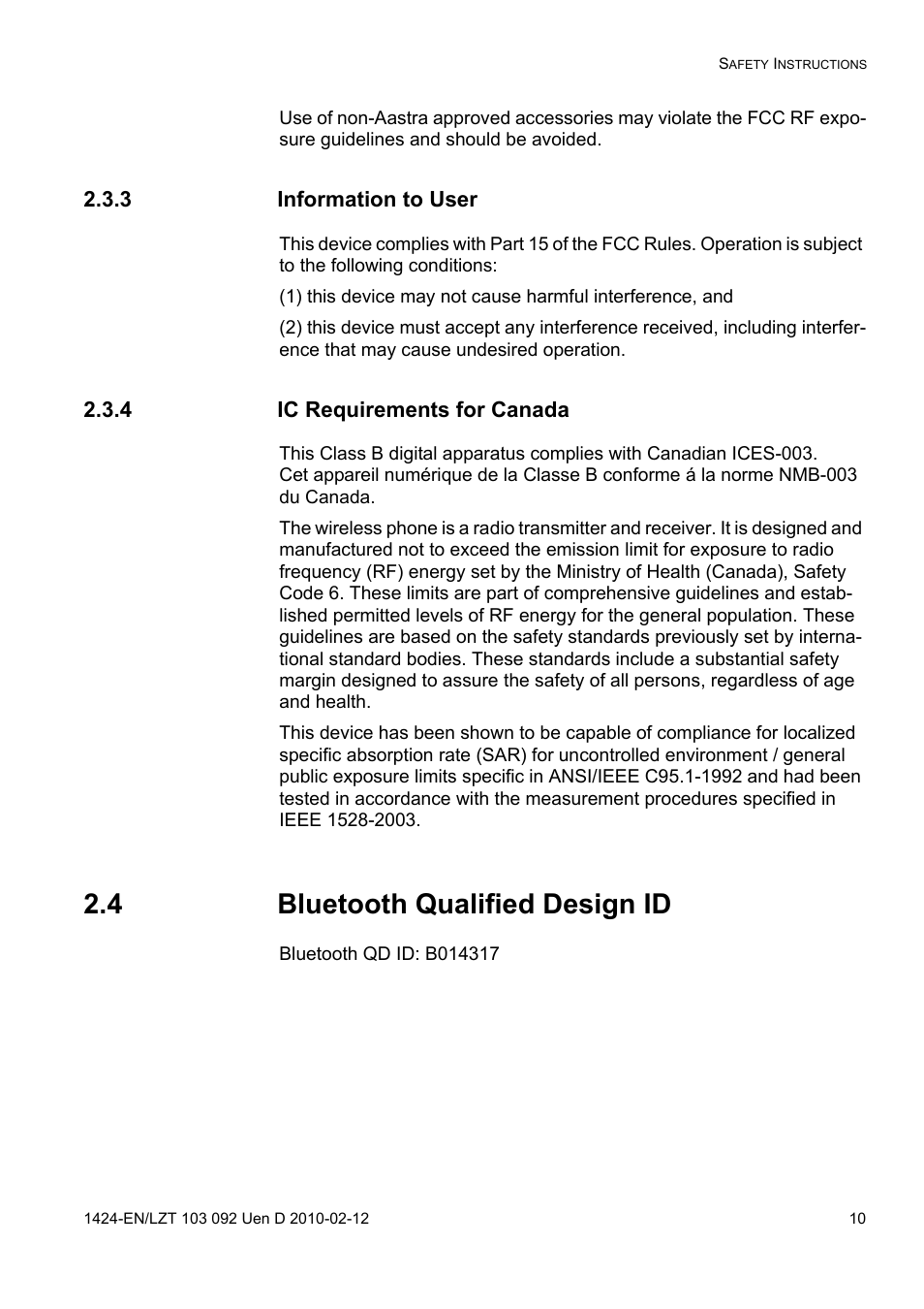 3 information to user, 4 ic requirements for canada, 4 bluetooth qualified design id | AASTRA DT690 for BusinessPhone User Guide EN User Manual | Page 10 / 127