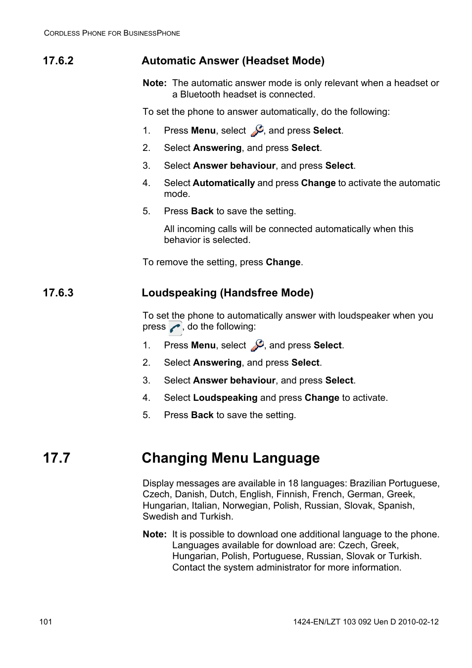 2 automatic answer (headset mode), Press menu, select , and press select, Select answering, and press select | Select answer behaviour, and press select, Press back to save the setting, 3 loudspeaking (handsfree mode), Select loudspeaking and press change to activate, 7 changing menu language | AASTRA DT690 for BusinessPhone User Guide EN User Manual | Page 101 / 127