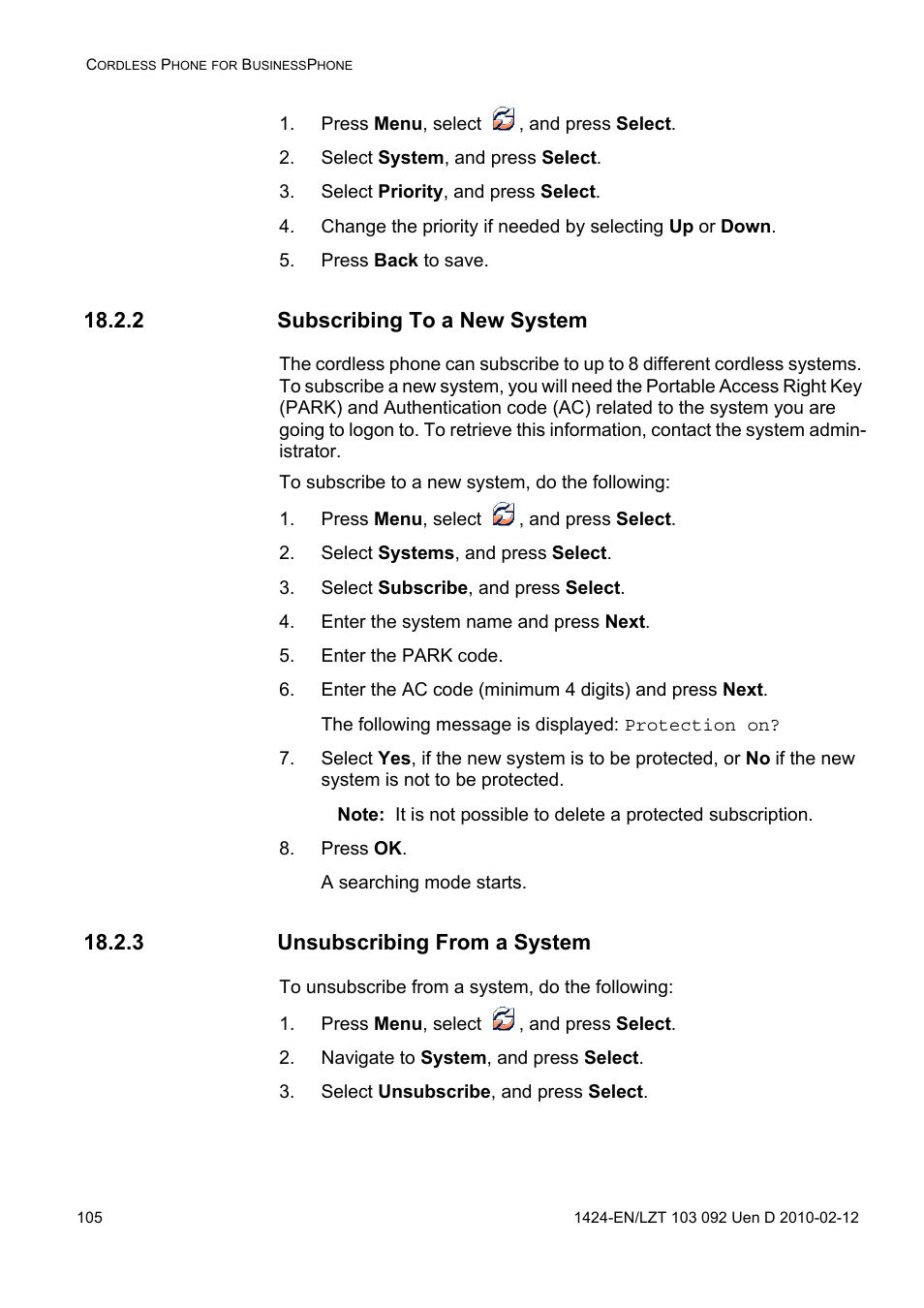 Press menu, select , and press select, Select system, and press select, Select priority, and press select | Press back to save, 2 subscribing to a new system, Select systems, and press select, Select subscribe, and press select, Enter the system name and press next, Enter the park code, Press ok | AASTRA DT690 for BusinessPhone User Guide EN User Manual | Page 105 / 127