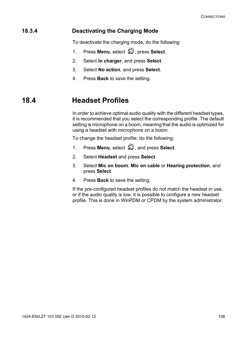 4 deactivating the charging mode, Press menu, select , press select, Select in charger, and press select | Select no action, and press select, Press back to save the setting, 4 headset profiles, Press menu, select , and press select, Select headset and press select | AASTRA DT690 for BusinessPhone User Guide EN User Manual | Page 108 / 127