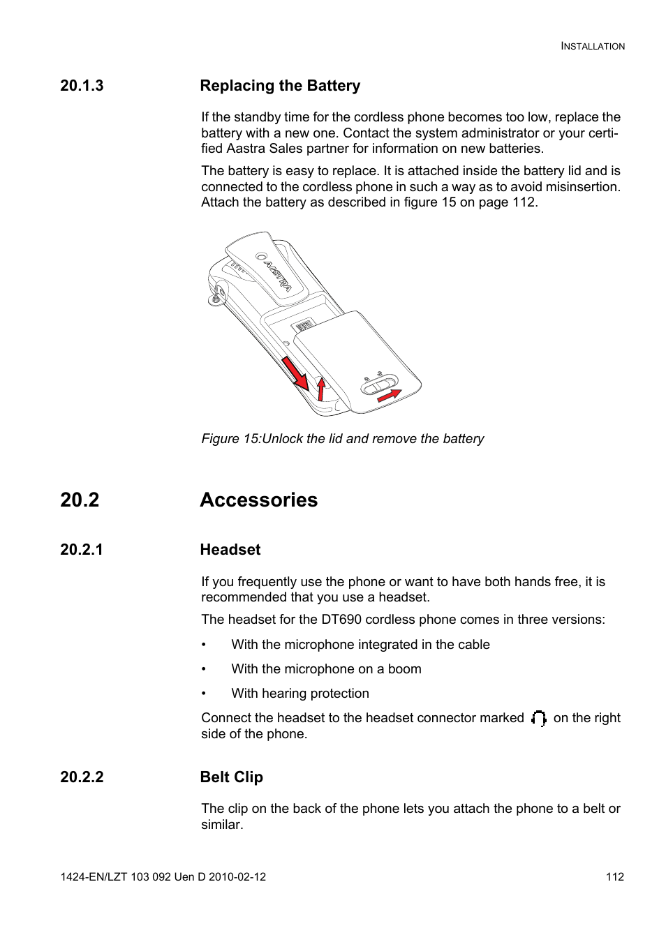 3 replacing the battery, Figure 15: unlock the lid and remove the battery, 2 accessories | 1 headset, 2 belt clip | AASTRA DT690 for BusinessPhone User Guide EN User Manual | Page 112 / 127