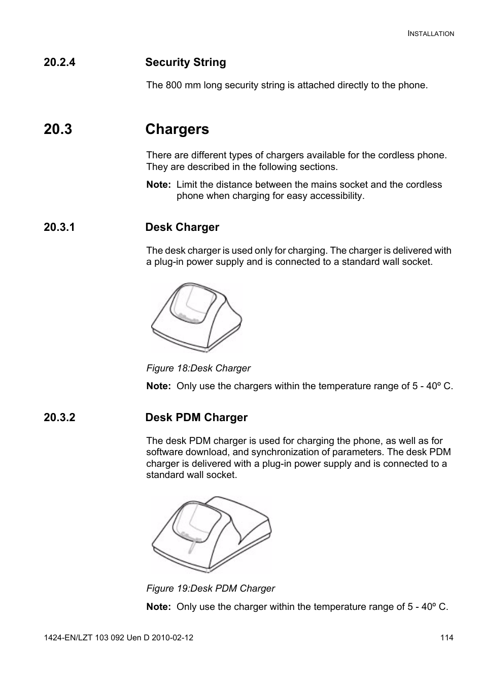 4 security string, 3 chargers, 1 desk charger | Figure 18: desk charger, 2 desk pdm charger, Figure 19: desk pdm charger | AASTRA DT690 for BusinessPhone User Guide EN User Manual | Page 114 / 127