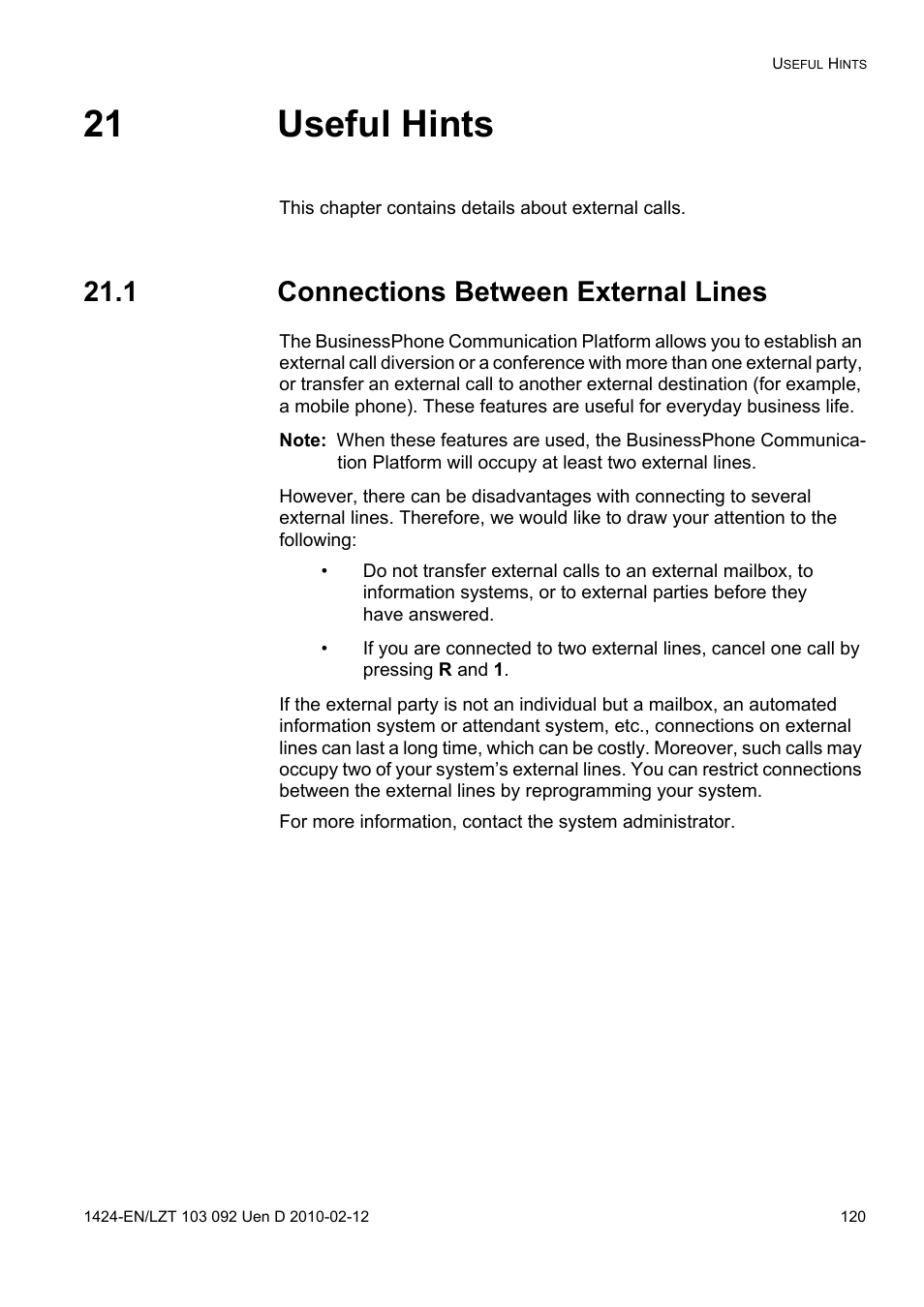 21 useful hints, 1 connections between external lines | AASTRA DT690 for BusinessPhone User Guide EN User Manual | Page 120 / 127